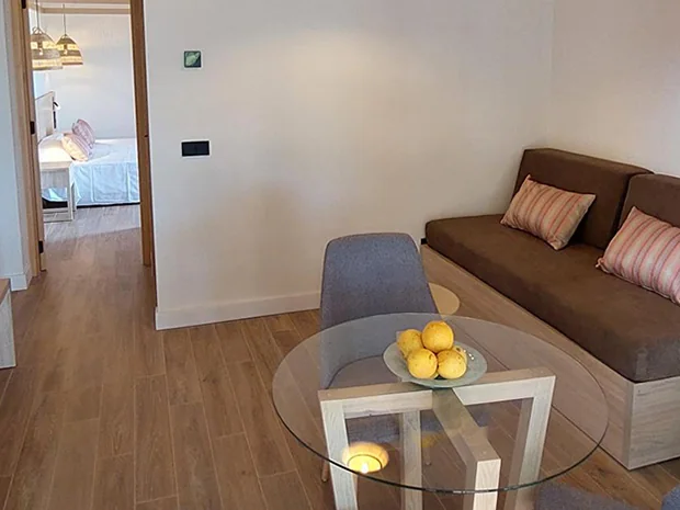 Wohnbereich des Apartments mit Sofa und Küchenzeile